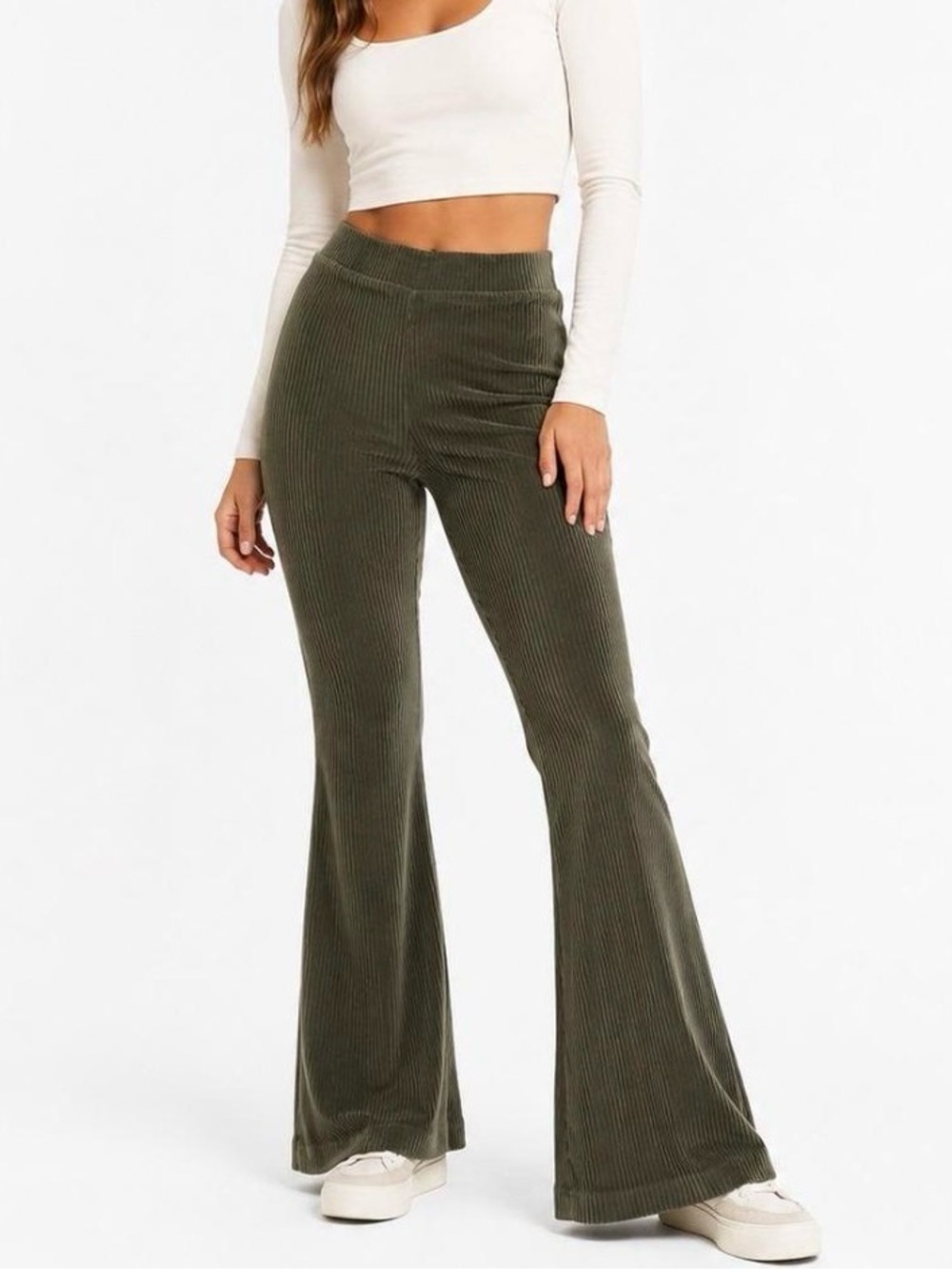 Aerie Ribbed Velour Flare Pants High Waisted Velvet Olive Green Size Medium